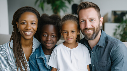 Obraz premium Happy multicultural family spending time together in new normal, diverse household adaptation, pandemic family unity, cultural mixing domestic scene, with copy space