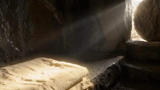 Empty shroud on a stone slab inside a cave tomb with the rolling stone door revealing light. Easter resurrection biblical concept.