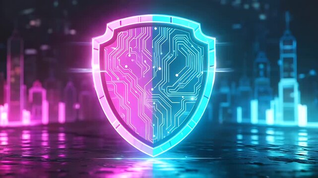 Cyber security shield with circuit board pattern, glowing neon pink and blue, digital data protection in futuristic city background