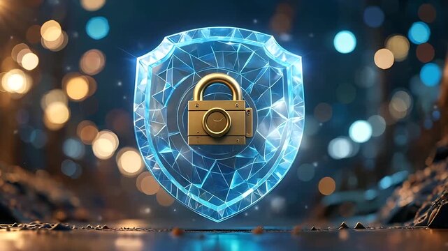 Cyber security shield with golden padlock icon, digital data protection concept, glowing blue polygonal network, abstract bokeh background