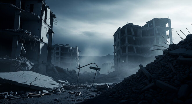 Ruined building and debris in dusk color palette, suggesting urban destruction, representing devastation, loss, and post-disaster environment, potential for reconstruction
