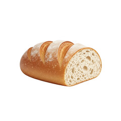 Artisan sourdough bread loaf, cut in half to reveal airy crumb and golden crust, isolated on white for bakery themes.