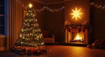 A warm and cozy christmas eve with decorated tree and fireplace in the living room