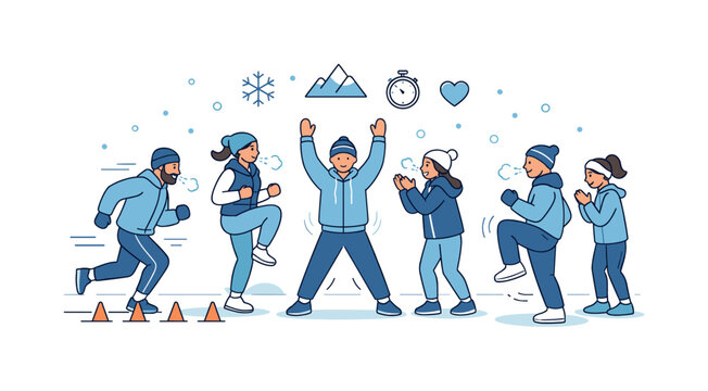 Community winter workout. People running short drills or jumping in place, breath visible in cold air. Strength, encouragement, and shared