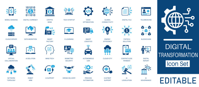 Digital Transformation and Future Technology solid icon set. Includes symbols for AI Solution, Fintech, Blockchain, and Smart Factory. Solid vector icons for innovation and automation.