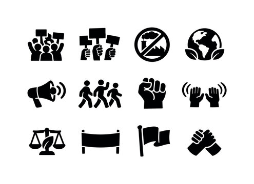 Eco Protest. Solid icon set of Eco Protest: protest crowd, raised signs, stop pollution sign, save earth poster, megaphone protest, marching
