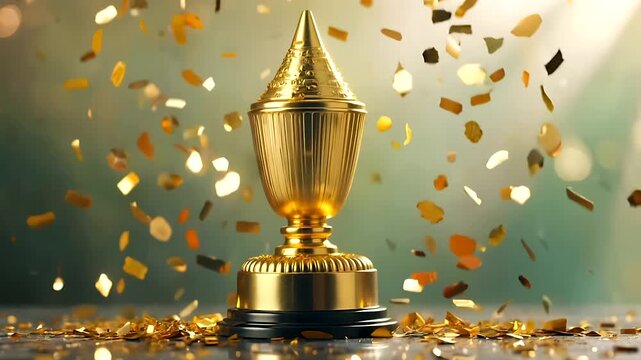 Golden trophy cup with falling confetti on a reflective surface, celebration award success concept video background