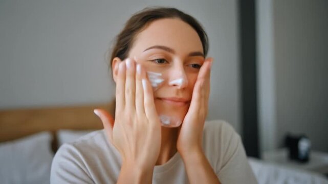 Woman applying face mask in a bedroom with her eyes closed