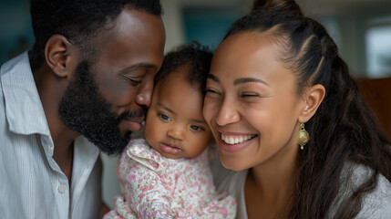 Obraz premium Happy interracial family having fun and playing with baby daughter, mixed race household joy, infant bonding moment, multicultural parenting connection, with copy space