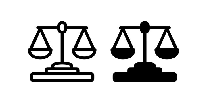 Justice scales icon set, black minimal law and legal balance symbols isolated on white background