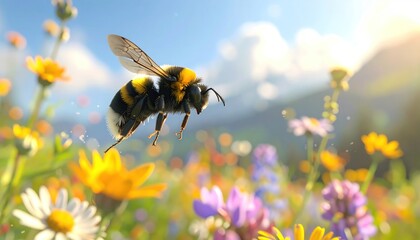 Bee in flight over flowers