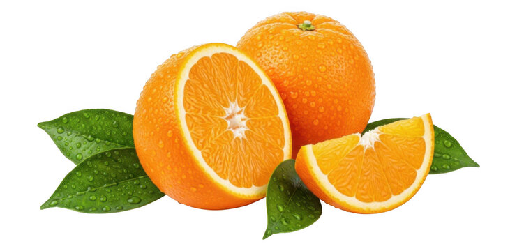 Fresh orange fruit whole half and wedge with green leaves water drops isolated on transparent background