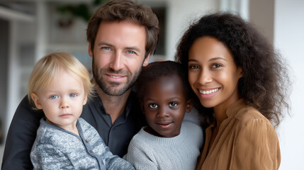 Fototapeta premium Interracial multinational family and mixed-race children, international marriage representation, global household diversity, cultural blending family structure, with copy space