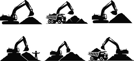 Heavy Construction Machinery Silhouettes Set, Excavator and Dump Truck Vector Icons, Industrial Earthmoving Equipment Graphics, Mining Site Operation Illustrations, Building Development Elements © Utpal