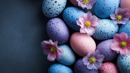 Obraz premium Group of colorful speckled eggs and gentle pastel flowers creating a festive spring celebration theme