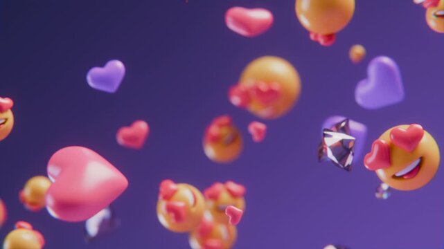 Seamless Loop 3D Heart Emoji and Diamonds Rotating in Purple Vorte