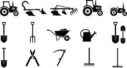 Set of agriculture farming and gardening equipment icons including tractors plows wheelbarrow shovel pitchfork watering can scythe rake and garden shears © Utpal