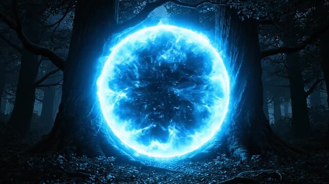 Enigmatic blue energy portal pulsating with ethereal light within a mystical, shadowy forest, a gateway to unknown realms and magical adventures