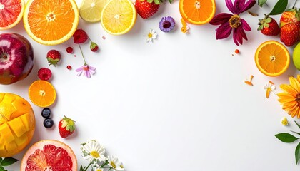 Assortment of colorful fresh fruits and flowers