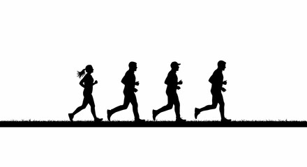 影絵風のランナー達が草の上を走るモノクロのシルエット
