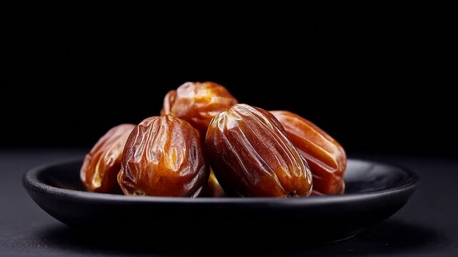 A black plate holds several brown dates on a dark surface with a black background