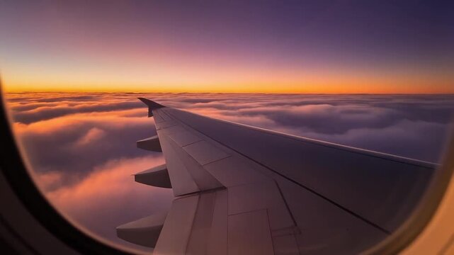 Airplane wing flying through sunset above clouds, viewed from window seat