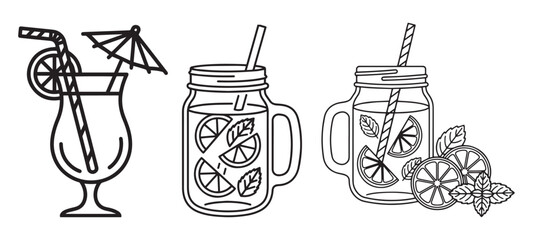 A minimalist line art collection of three refreshing summer drinks featuring a tropical cocktail and mason jar lemonades with mint.