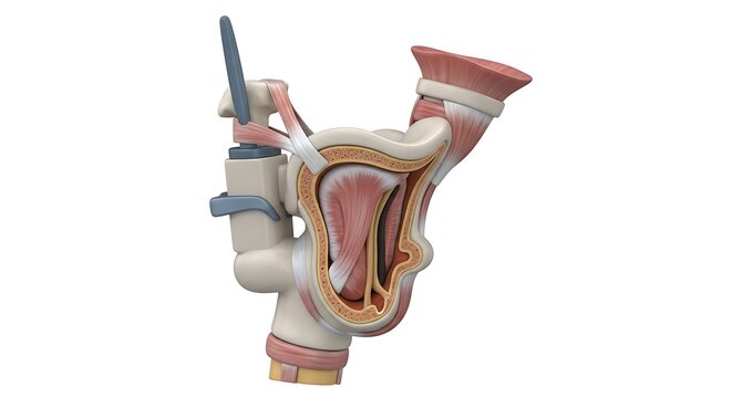 Anatomical model of human larynx with vocal cords, muscles and cartilage