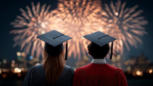 Two graduates in caps and gowns celebrate their achievement as colorful fireworks illuminate the night sky over a city skyline, creating a festive atmosphere of joy and accomplishment