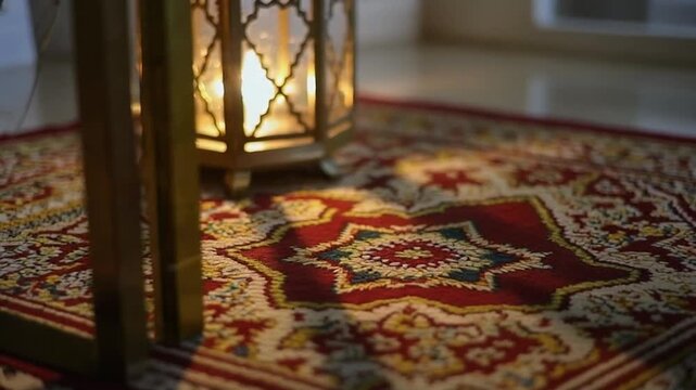 A lit lantern on a traditional Middle Eastern or Islamic patterned rug indoors