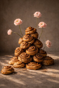 Stacked spiral buns arranged with delicate flowers on textured surface. Sculptural food still life, warm directional light, handmade imperfection, quiet balance between nourishment and nature. 
