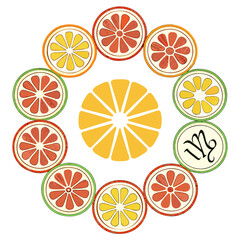 Citrus fruit slices arranged in zodiac circle with leo symbol