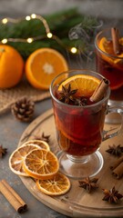 Hot spiced drink orange slices. cinnamon. and star anise. served in a clear glass on a festive
