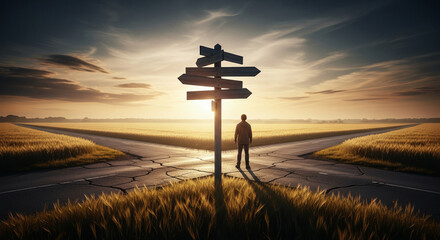 Person stands at fork in road with signpost under cloudy sky, symbolizing decision, direction, guidance, representing life path or career choice