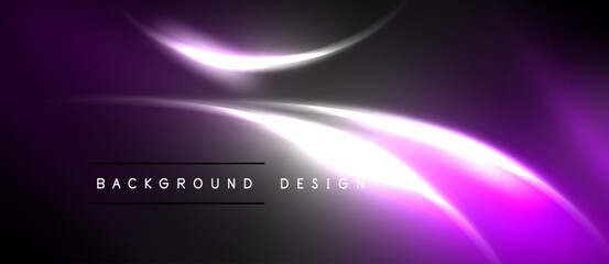 Abstract purple design. Smooth lines create dynamic light effects over dark background. Modern, elegant visual presentation.