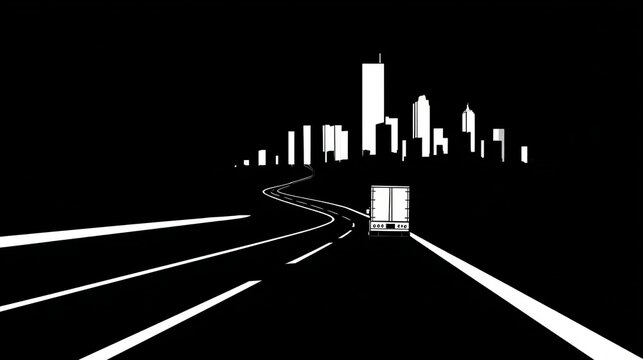 A truck is driving down a road in front of a city. Truck Transportation concept