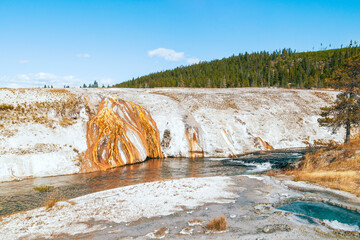 Firehole River with yellow, orange and white banks. Yellowstone National Park