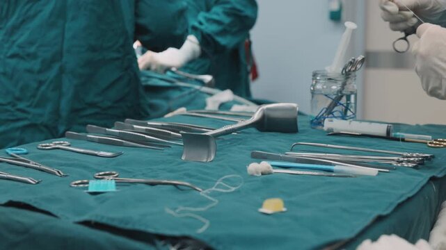 Surgical instruments in the operating room during operation. Professional healthcare teamwork transplantation plastic surgery traumatology 