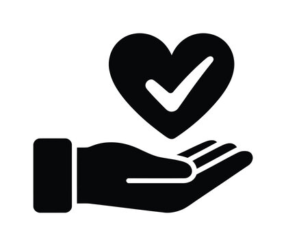 Vector hand holding heart with a checkmark symbolizing love and approval