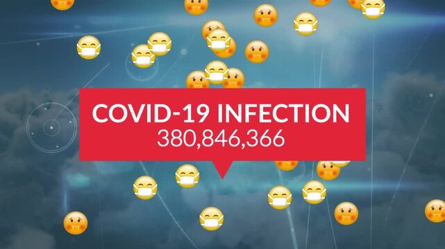Animation of covid 19 data over network of connections and smiley faces emojis
