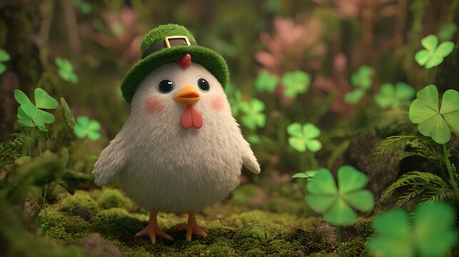 A fluffy white chick wearing a green hat in a clover patch