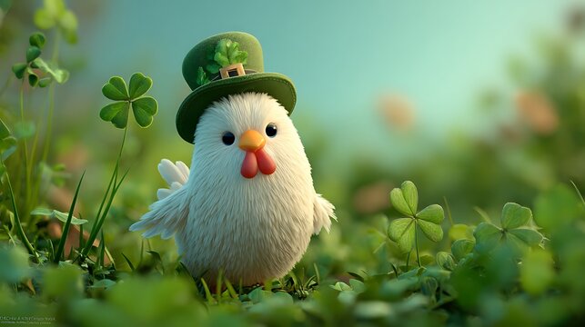 A fluffy white chick wearing a green hat amidst clover foliage
