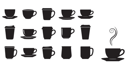 Fototapeta premium Collection of black silhouette coffee and tea cups with saucers and to go cups on Transparent Background for design elements.