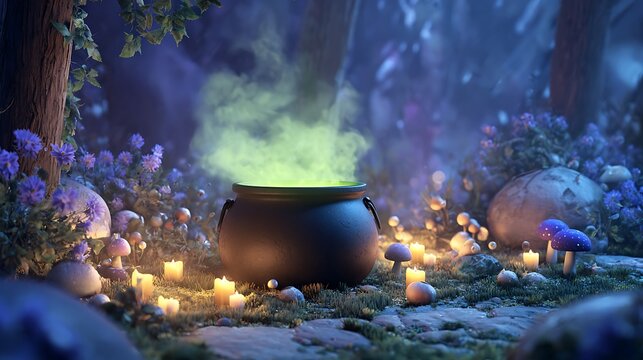 A bubbling cauldron glows amidst a magical candlelit forest scene