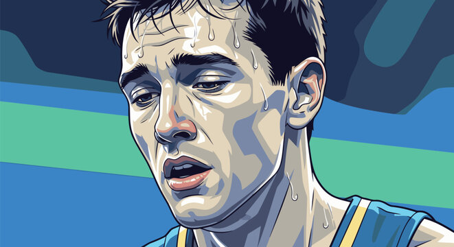 Exhausted male athlete sweating after intense workout illustration