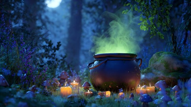 Mystical cauldron bubbling with green potion in a moonlit forest scene
