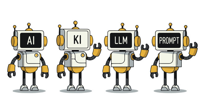 Four cartoon robots with AI, KI, LLM, and Prompt screens on their chests standing on Transparent Background