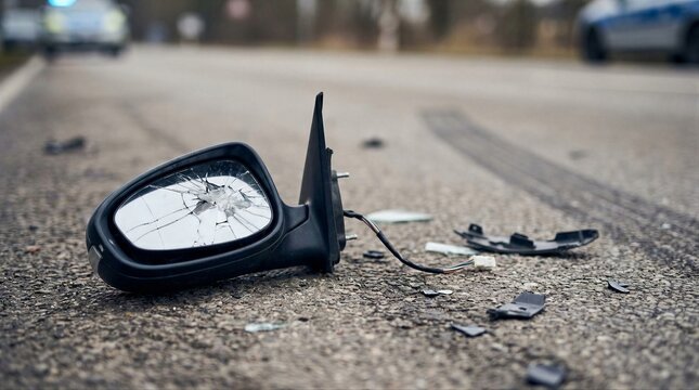 Broken side mirror on asphalt road, concept of car accident and danger. Emergency situation with damaged vehicle part and debris