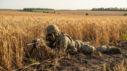 Fototapeta premium Soldier lying in wheat field while aiming rifle during sunset 