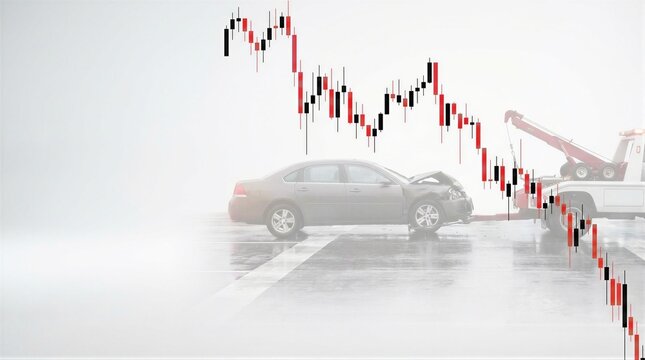 Car accident with damaged vehicle and tow truck. Financial graph with red downward trend. Investment loss. Concept of declining stock market, insurance, and economy